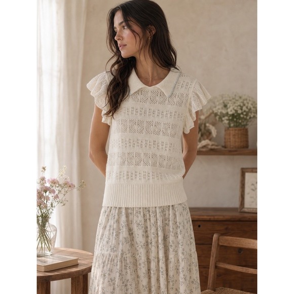 LC Lauren Conrad Sweaters - LC Lauren Conrad Ivory Pointelle Knit Polo Sweater Ruffle Cap Sleeve Women L